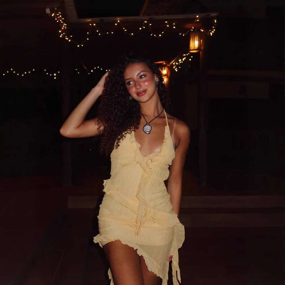 European American INS spring and summer product hanging neck irregular dress with mushroom edge fashionable design short skirt vacation style women�