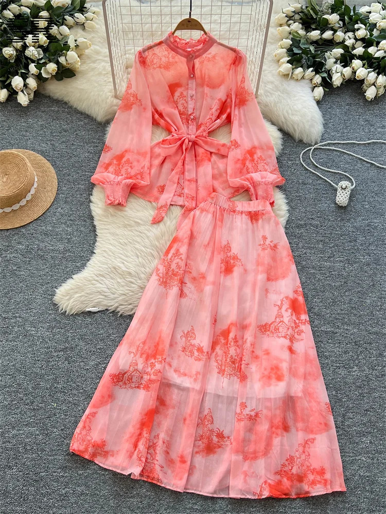 SINGREINY Senior Print Vacation 2pcs Suit Lantern Sleeves Lace Up Loose TopsPleated Skirt Temperament Beach Floral Chiffon Sets 250520