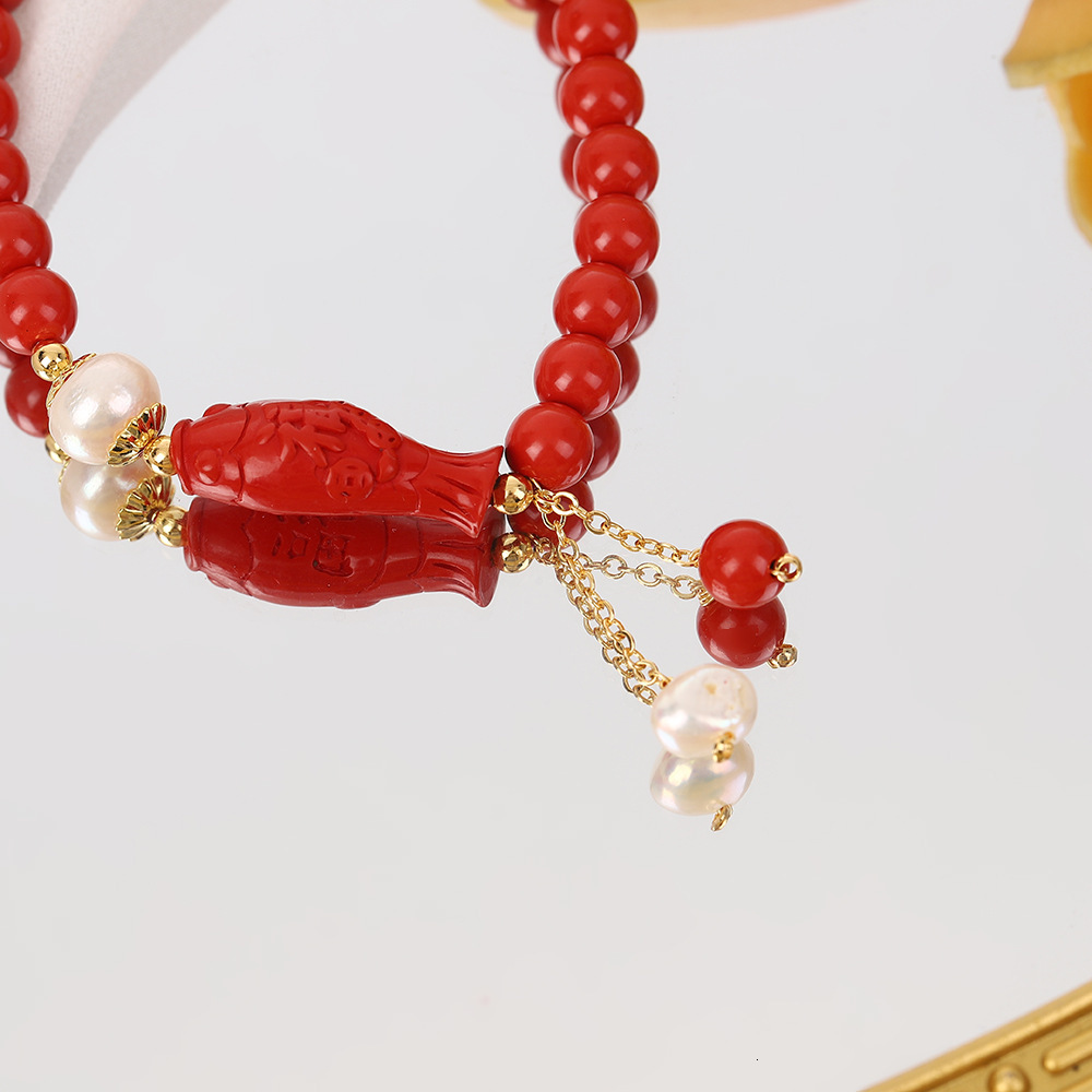Pearl Bracelet with Fish Every Year, New Year Flowers, Boutique Women's Red Good Luck Jewelry