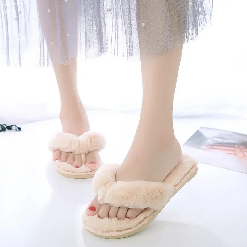 Warm Fluffy Slippers Women Cozy Faux Fur Cross Indoor Floor Slides Flat Soft Furry Shoes Ladies Female Celebrities Flip Flops 250516