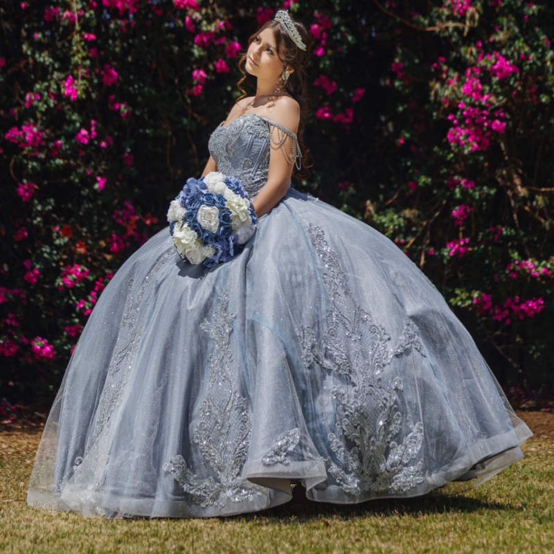 Blue Grey Quinceanera Dresses Off Shoulder Ball Gown Sweet 16 Dress Applique Lace Beading Tull Birthday Party Vestidos 15 De Anos