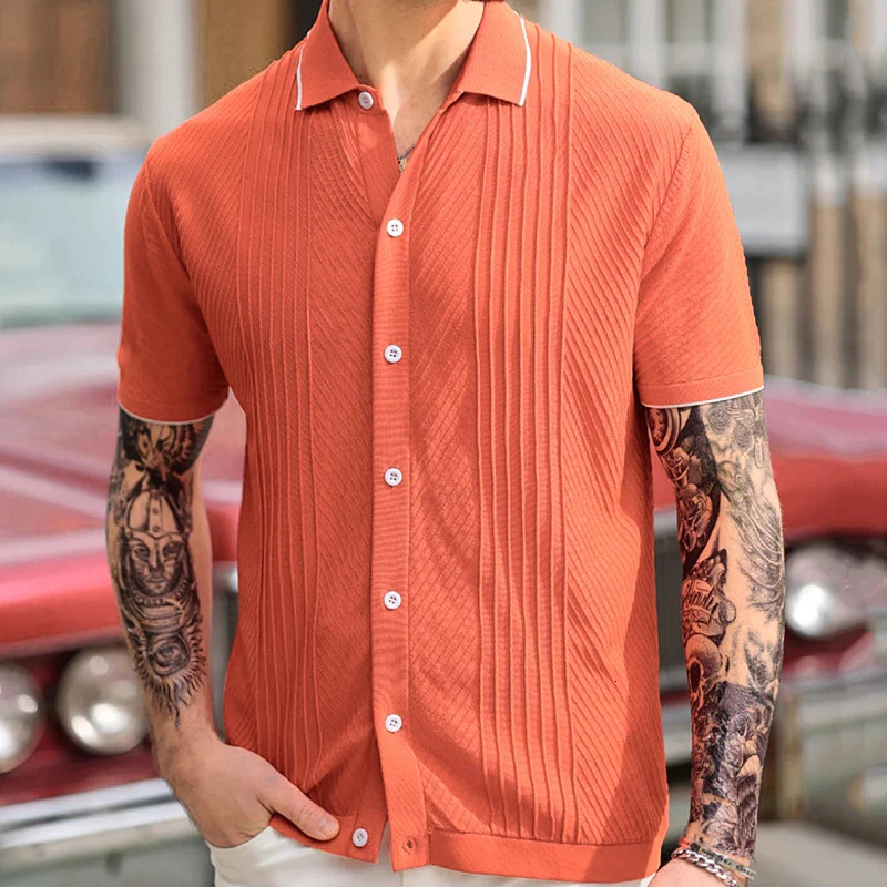 Summer Mens y Knitted Solid Color Shirt Fashion Short Sleeve Buttondown Shirts for Men Vintage Business Leisure Knitwear 250520