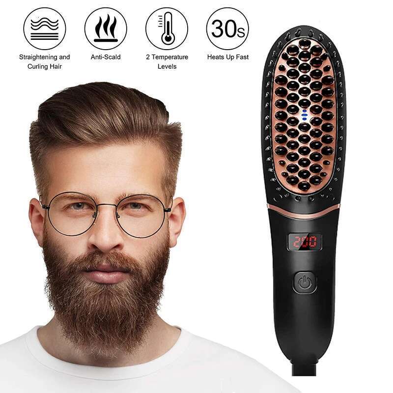 Home 2 in 1 electric LED display mini ion straight hair brush portable beard straightener