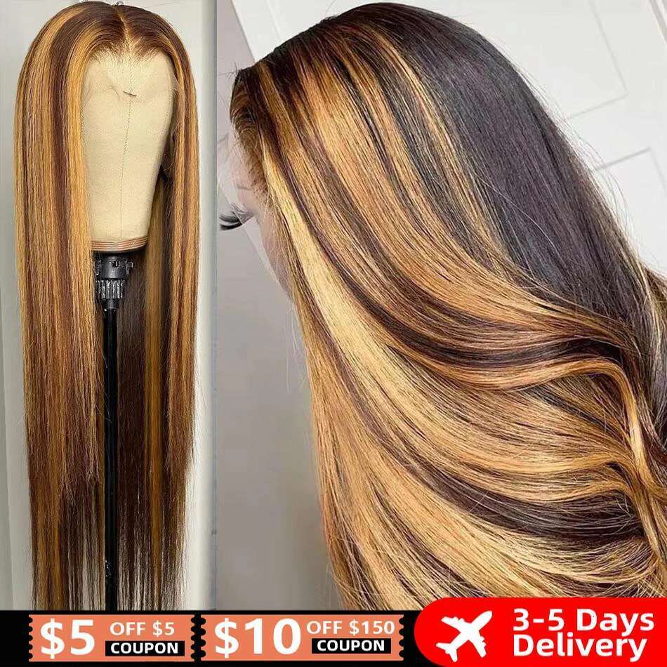Honey Blonde 4/27 Colored Front Human Highlight Brown Straight 13x6 Hd Lace Frontal Wig 100% Vieamese Remy Hair