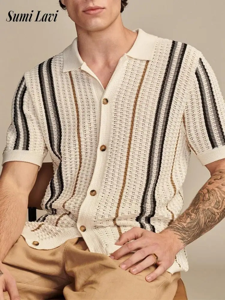 Spring Summer Stylish Striped Shirts Men Knitted Short Sleeve Lapel Buttoned Cardigan Tops Mens Casual Slim Fit Knit Shirt 250520