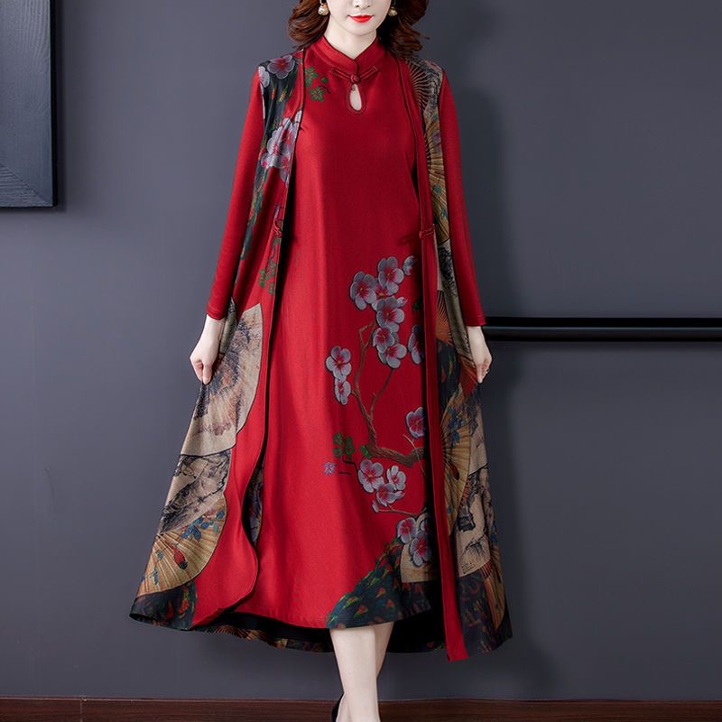 2025 plus size women's summer new slim print retro dress mid-length skirt D02382