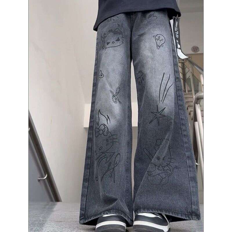 Small hand drawn cartoon graffiti wide jeans for women's spring and summer design sense, niche high waisted loose straight leg pants