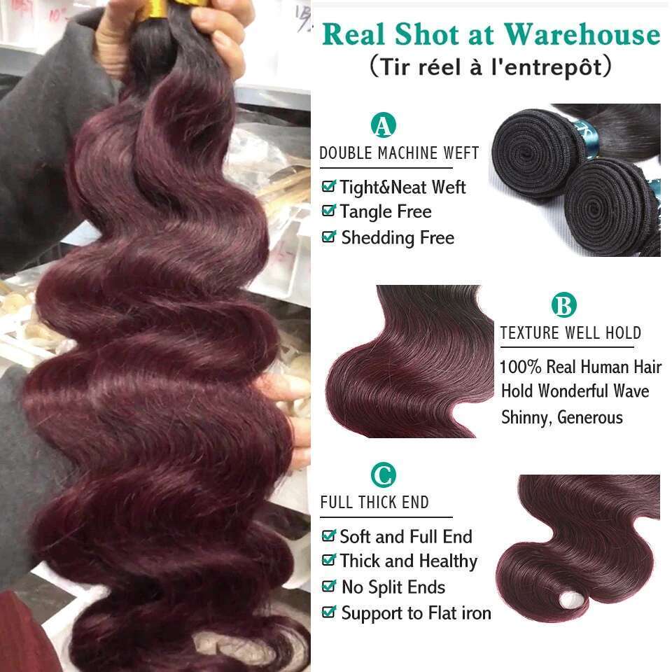 1B 99J Body Wave Free Part Brazilian Human Ombre Bury Hair Bundles With Transparent Lace Closure