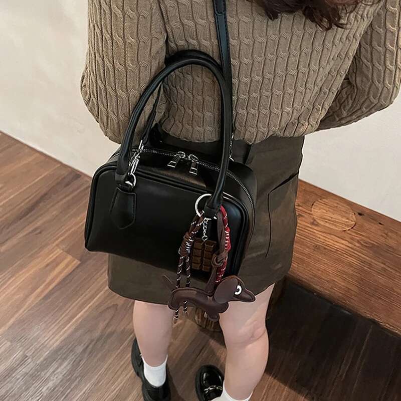Women's Pu Leather Cute Mini Boston Handbag Retro Brown Bowling Crossbody High-End Korean Shoulder Bag Ladies Versatile Tote