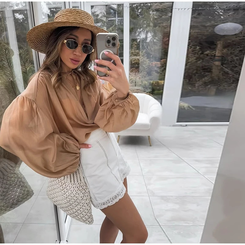Fashion Long Puff Sleeve Blouses For Women Spring Chic Vneck Pullover Shirts Summer Holiday Lady Street Beach Party Tops 250520