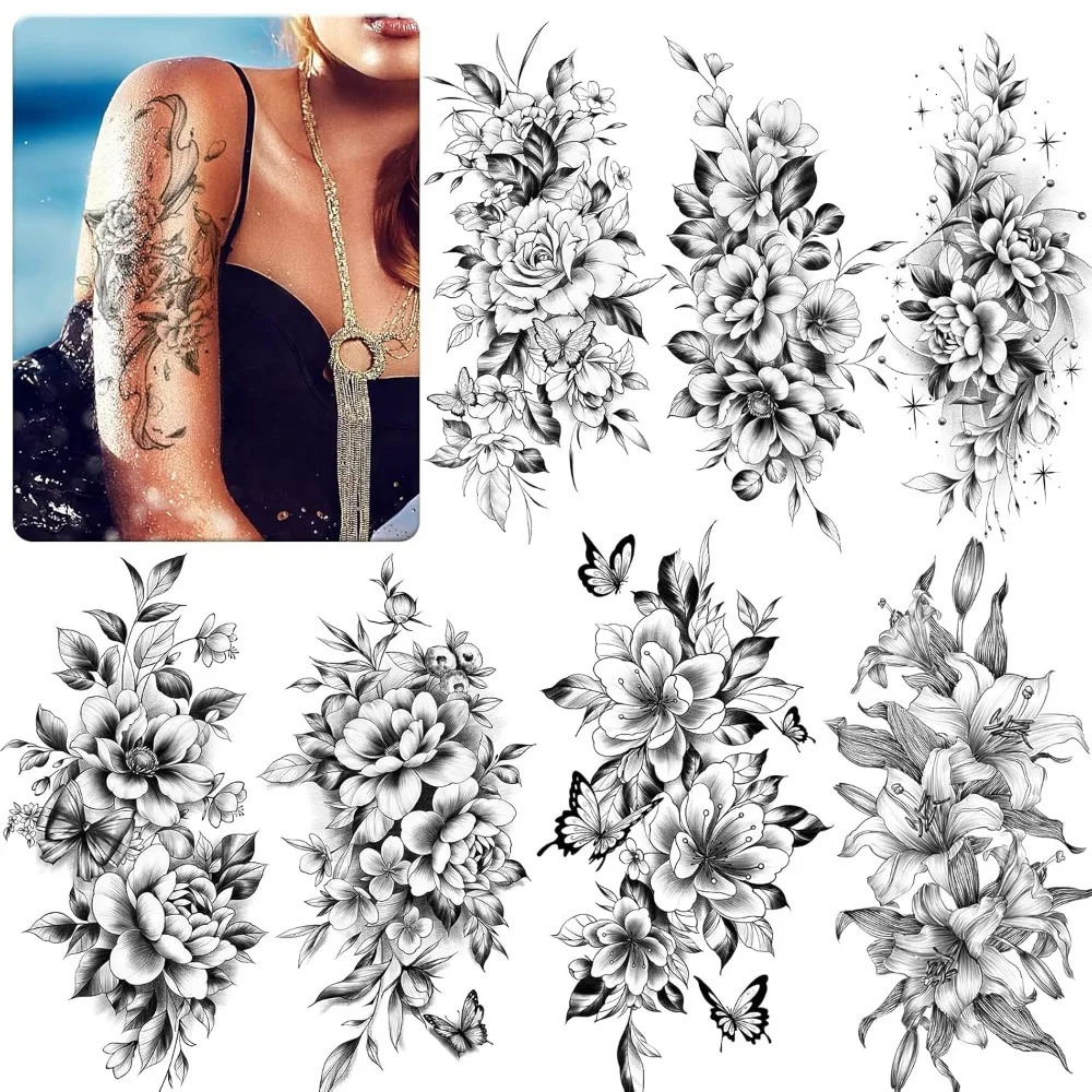 Half arm flower fake tattoo sleeves temporary realistic tattoo stickers for adult girls shoulders arms legs backs 250515