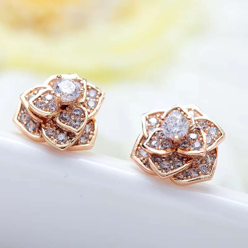 Rotimi Fashion Statement Rose Cube Zircon Champagne Gold Plated Earrings for Women's Brincos