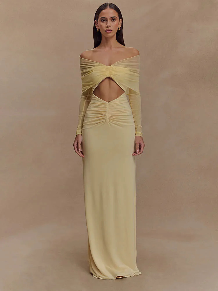 Mozision Offshoulder Hollow Out Sexy Maxi Dress Women Summer Fashion Strapless Long Sleeve Ruched Club Party 250520