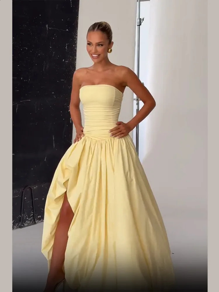 Butter Yellow Womens Party Dress Womens Fashion Strapless A-line Bubble Hem Slim Robes Summer Lady Evening Party Dresses 2025 250519