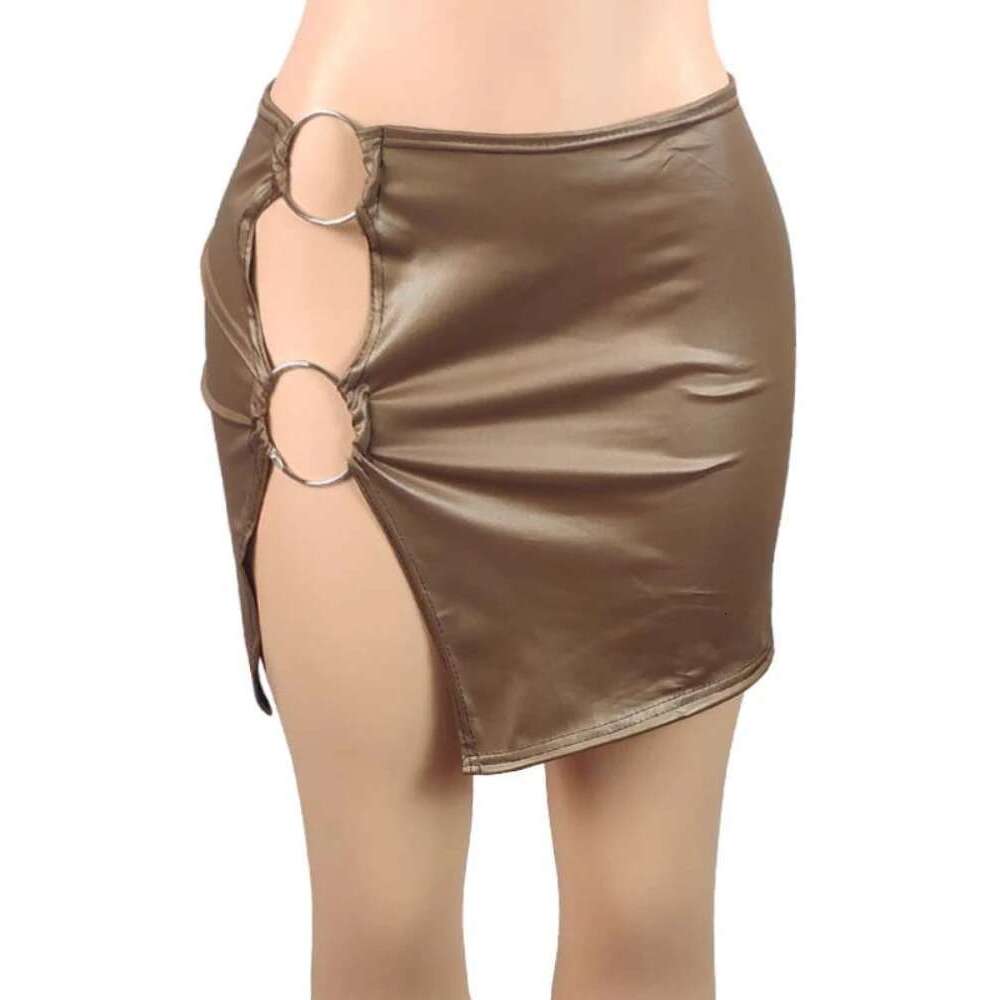 PU Imitation Leather Metal Ring Side Split Mini Women High-Waist Fitess Slim Skirts Vintage Bodycon Skirt Club Party