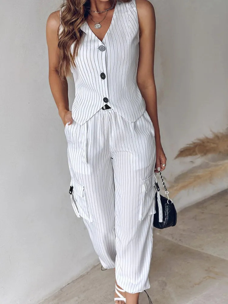 White Striped Vest Suit For Women Summer Casual V-neck Button Top Pocket Loose Pants Outfits Two-piece Suit For Women Elegant 250516