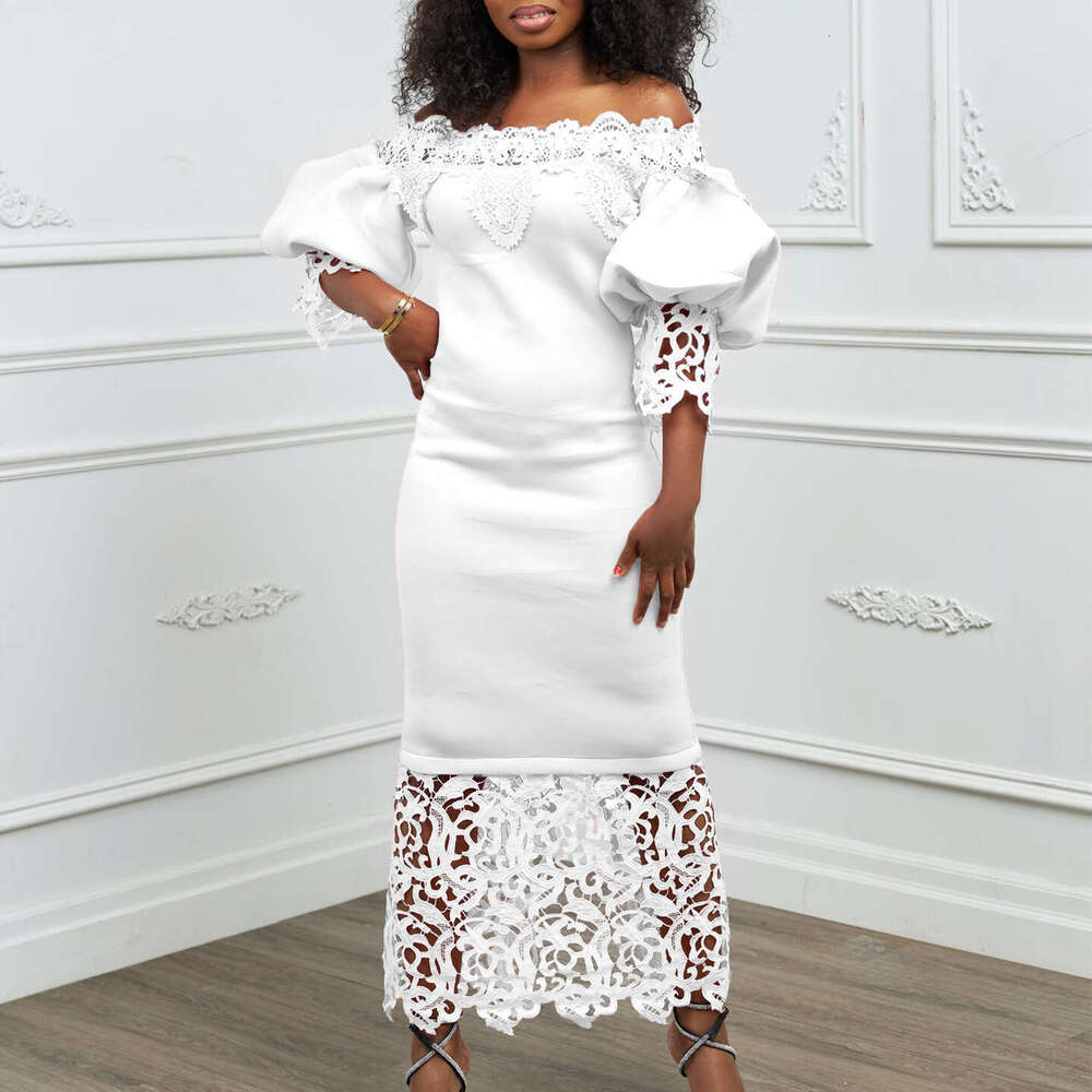 Women's Wear Women's New One Line Neck Lace Spliced Banquet Evening Lantern Sleeves OL Bridesmaid Dress