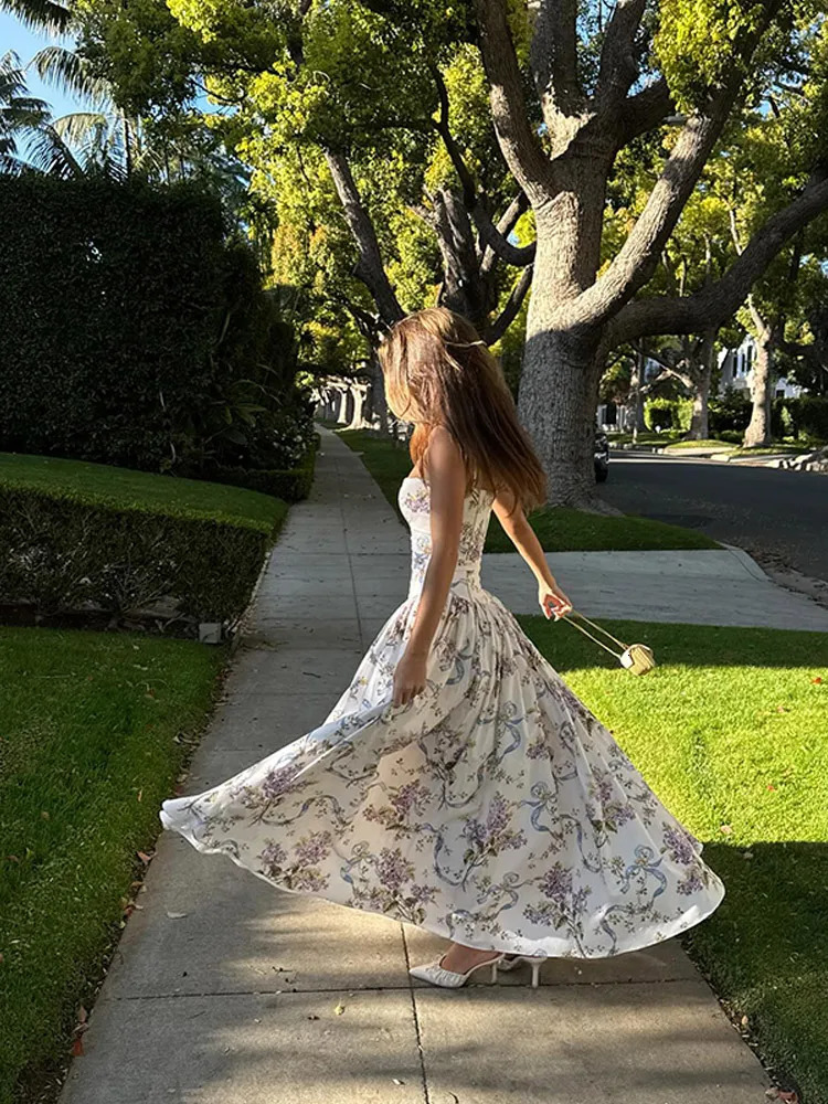 Chic Flower Print Aline Maxi Dress Women Elegant High Waist Strapless Backless Slim Vestidos Lady Summer Vacation Robes 250520
