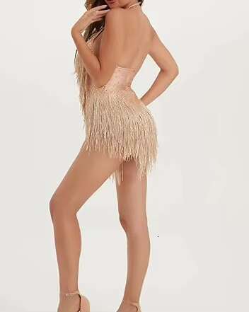 Sparkly Gold Rhinestones Tassel Bodysuit Women's Birthday Party Showgirl Outfit For Gymnastics Dance Leotard Fringes Clothing