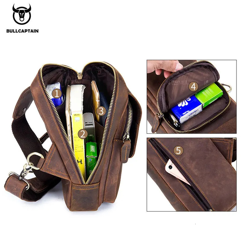 BULLCAPTAIN Mens Crossbody Bags Crazy Horse Leather Chest Bags Leather Crossbody Bages Retro Mens Zip Pocket Short Travel Bag 250603