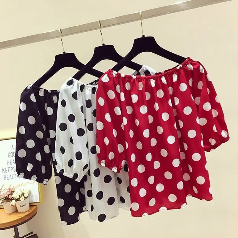 Red Polka Dot Print Chiffon Slash Neck Short Sleeve Loose Womens Blouse Shirt Korean Fashion Female Clothing Tops Summer 250520
