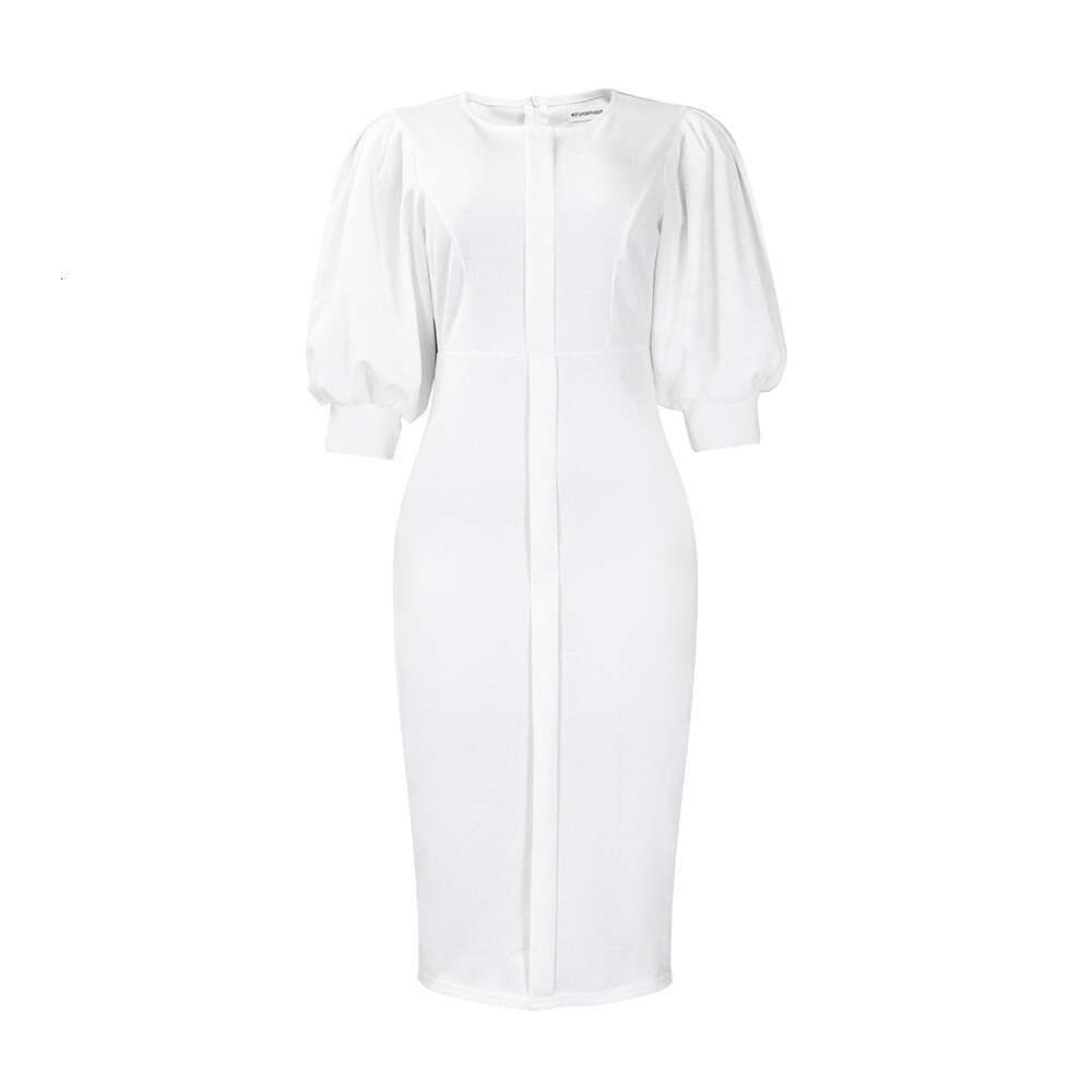 Women's Wear Women's Spring New Half Sleeves Round Neck Bubble Sleeve Wrapped Hip Style Tongle Large Size Dress