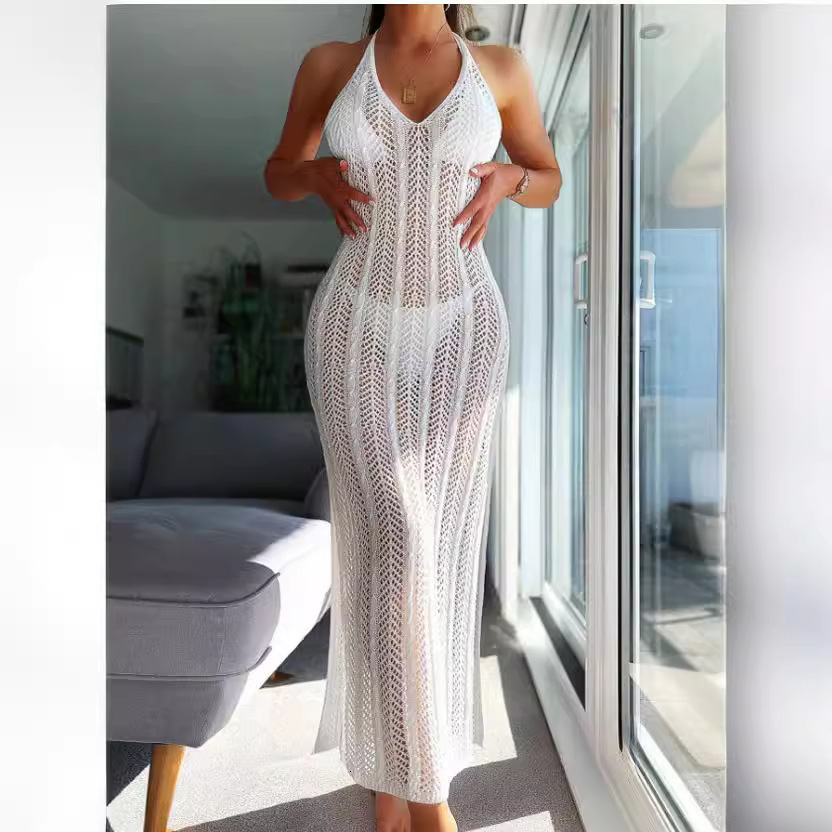 2025 Summer Designer Dress Sexy Hollow Perspective Beach Sleeveless Hanging Collar Women's Slimming Sexy Backless Long Dress Sexy Girls Plus Size