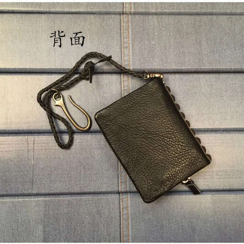 Fashion PUNK Stud Genuine Leather Men Bifold Short Wallet Zip around Male Purse Cowhide Money Bag Clip with Chain Black
