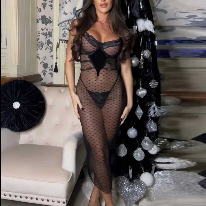 Sexy Nightgown Lingerie Set Women Lace Patchwork Mesh Sexy See-through Jumpsuit Printed Suspender Dress Underwear Set R250520