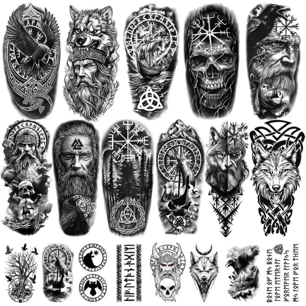 Half arm norse wolf tiger lion eagle skeleton fake tattoo man and woman black tribal body realistic tattoo sticker 250515