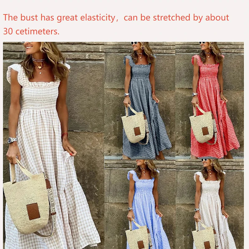 y Ruffle Fly Sleeve Long Dress Square Neck Large Swing Plaid Party Evening Casual Retro Beach Holiday Womens Clothes 250520