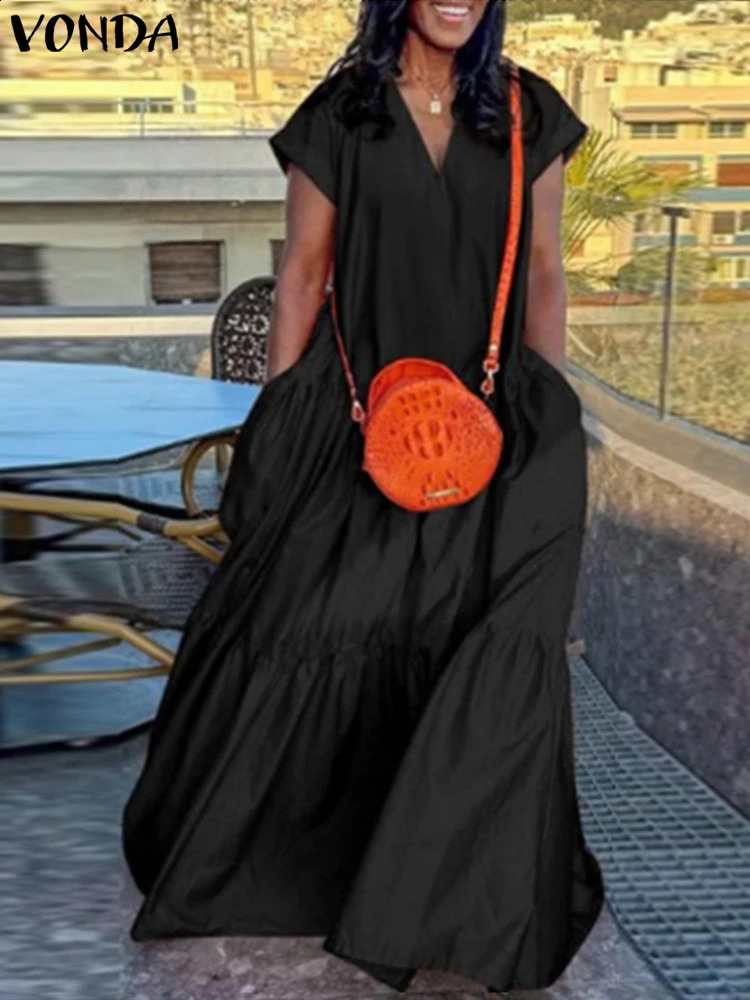 Plus Size VONDA Women Bohemian Dress 2025 Summer Sundress Solid Color Casual Short Sleeve Party Ruffled Vestidos V-Neck Robe 250519