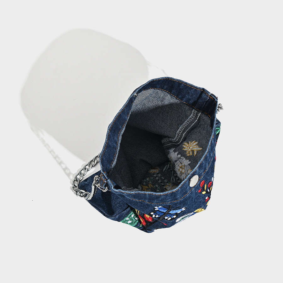 Women's handbag designer fashion embroidery denim bucket personalized commuting flower handbag, chain shoulder women's crossbody bag