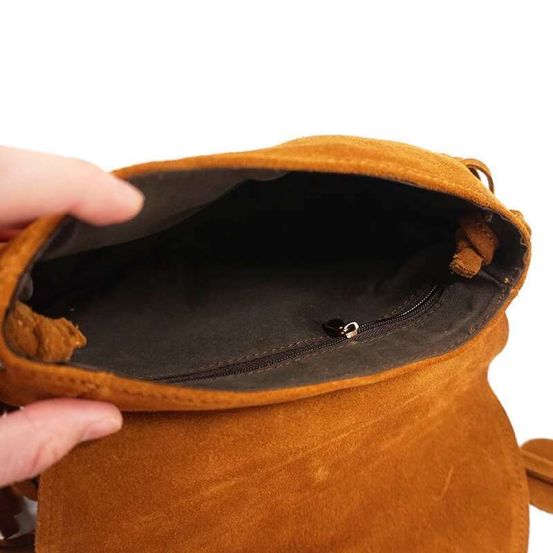 Women Genuine Leather Suede Medium Size Stylish Braid Shoulder Boho Hippie Gypsy Ibiza Bohemian Fringed Phone Side Sling Bag