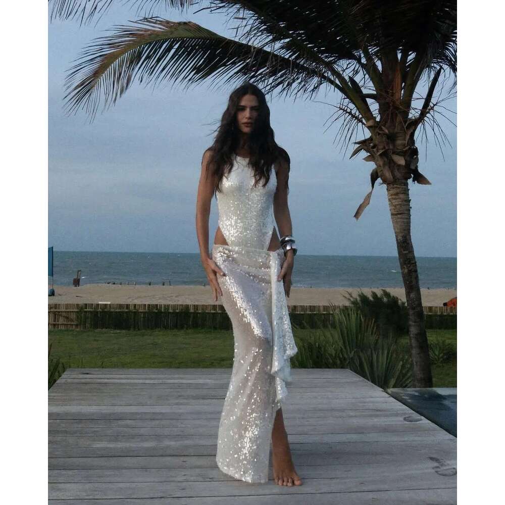 Women Sequin Sexy See Through Slim Fit Holiday Poutfit Summer Fashion Two Piece Set With Bodysuit And Maxi Skirt