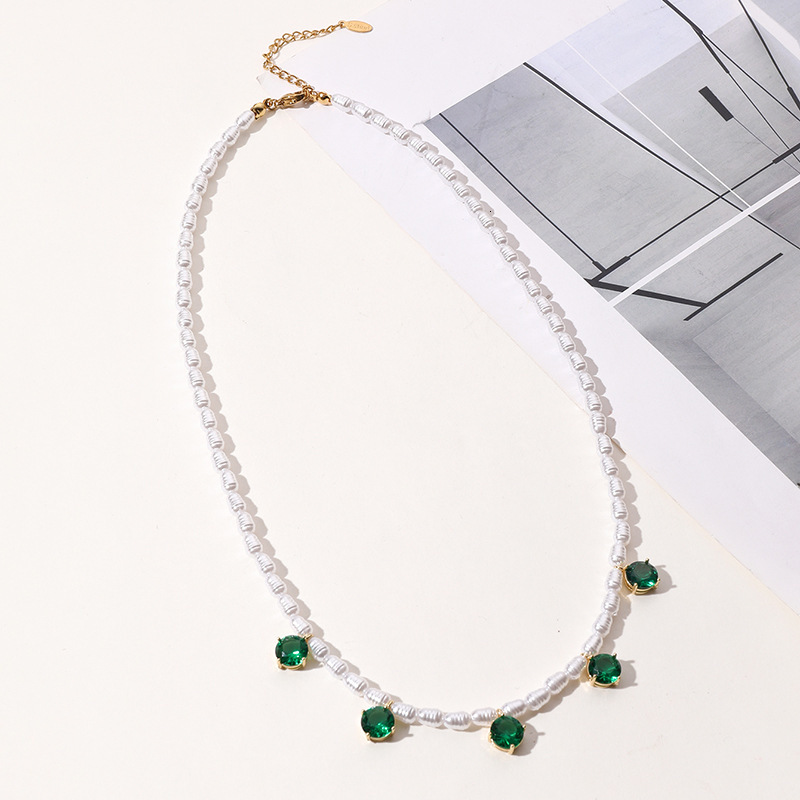 Cold style natural stone necklace, French pearl studded collarbone chain, sweater chain