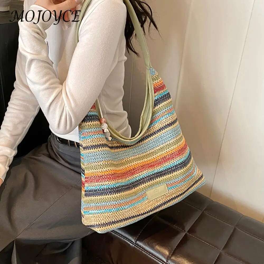 Women Straw Woven Tote Summer Beach Bags Large Capacity Weaving Shoulder Bag Ethnic Style Contrast Color For Outdoor Travel