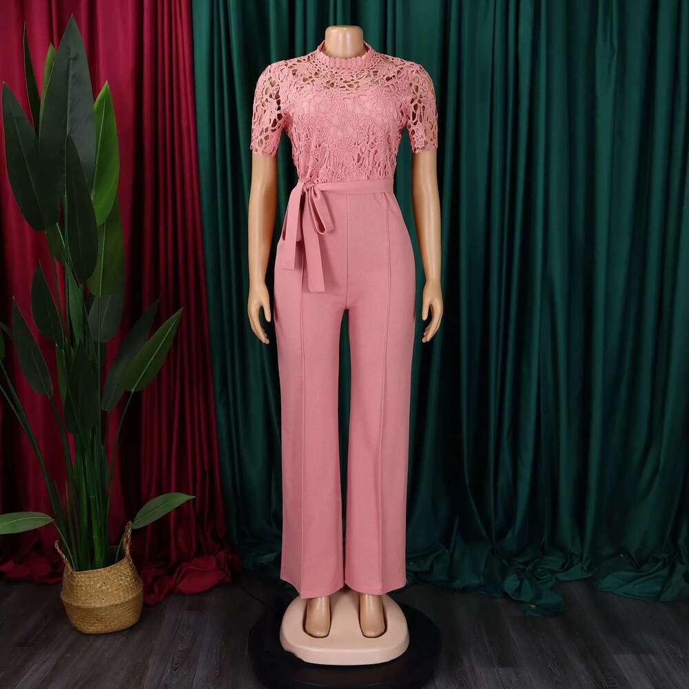 Elegant Jumpsuits & Rompers For Women O Neck Lace Patchwork Short Sleeve Sashes High Waisted Birthday Party Dinner Outfit