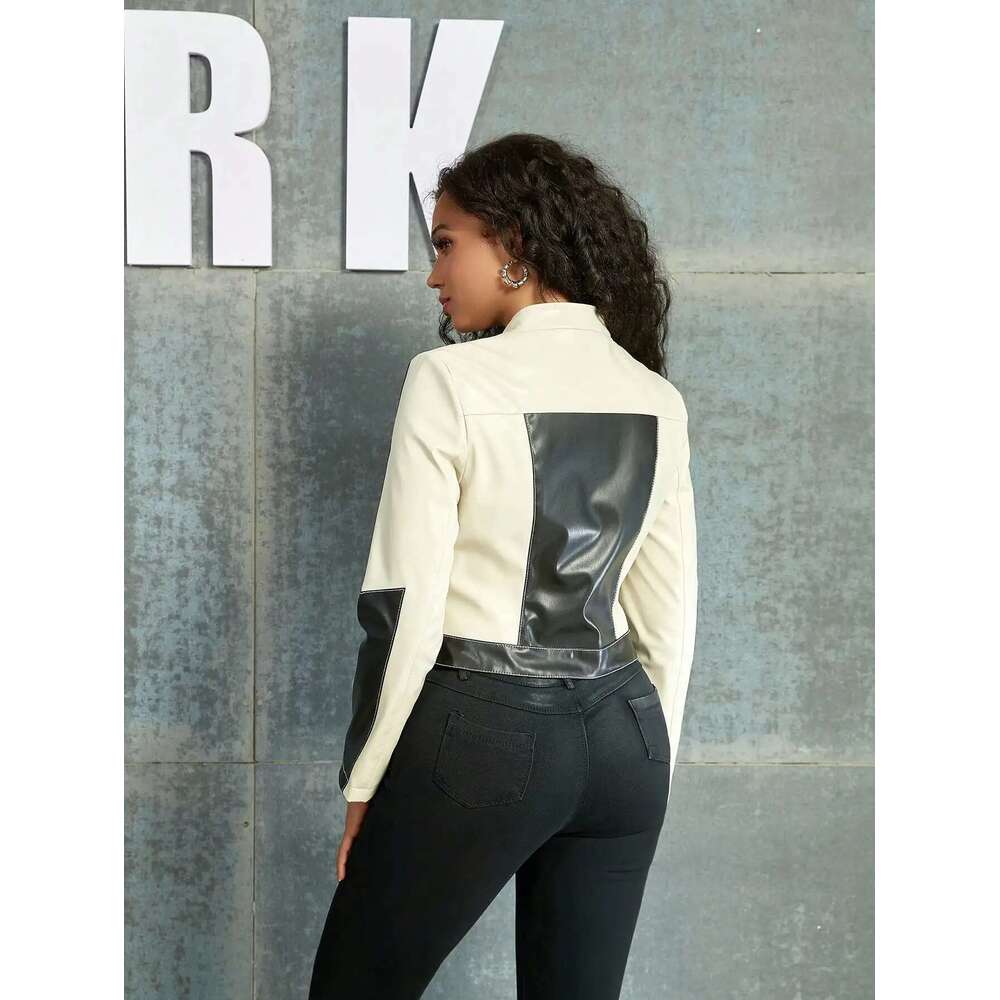 2023 Women Fashion Chic Vintage Contrast Color Block Zipper Front Buckle Detail Crop PU Leather Moto Fall Jacket Designer