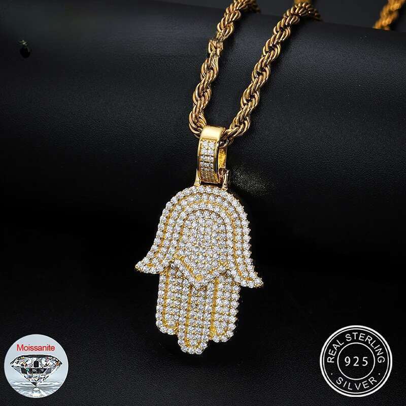 New Moissanite Iced Out Bg Hamsa Hands Pendants Necklaces S Sier Charm For Men Women Hip Hop Jewelry Passed Dia Test