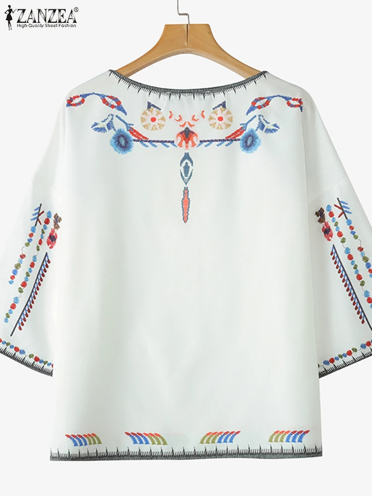ZANZEA Summer Woman Ethnic Style Printing Blouses Casual Loose 34 Sleeve ONeck Blusas Mujer Vacation Everyday TShirts 250520