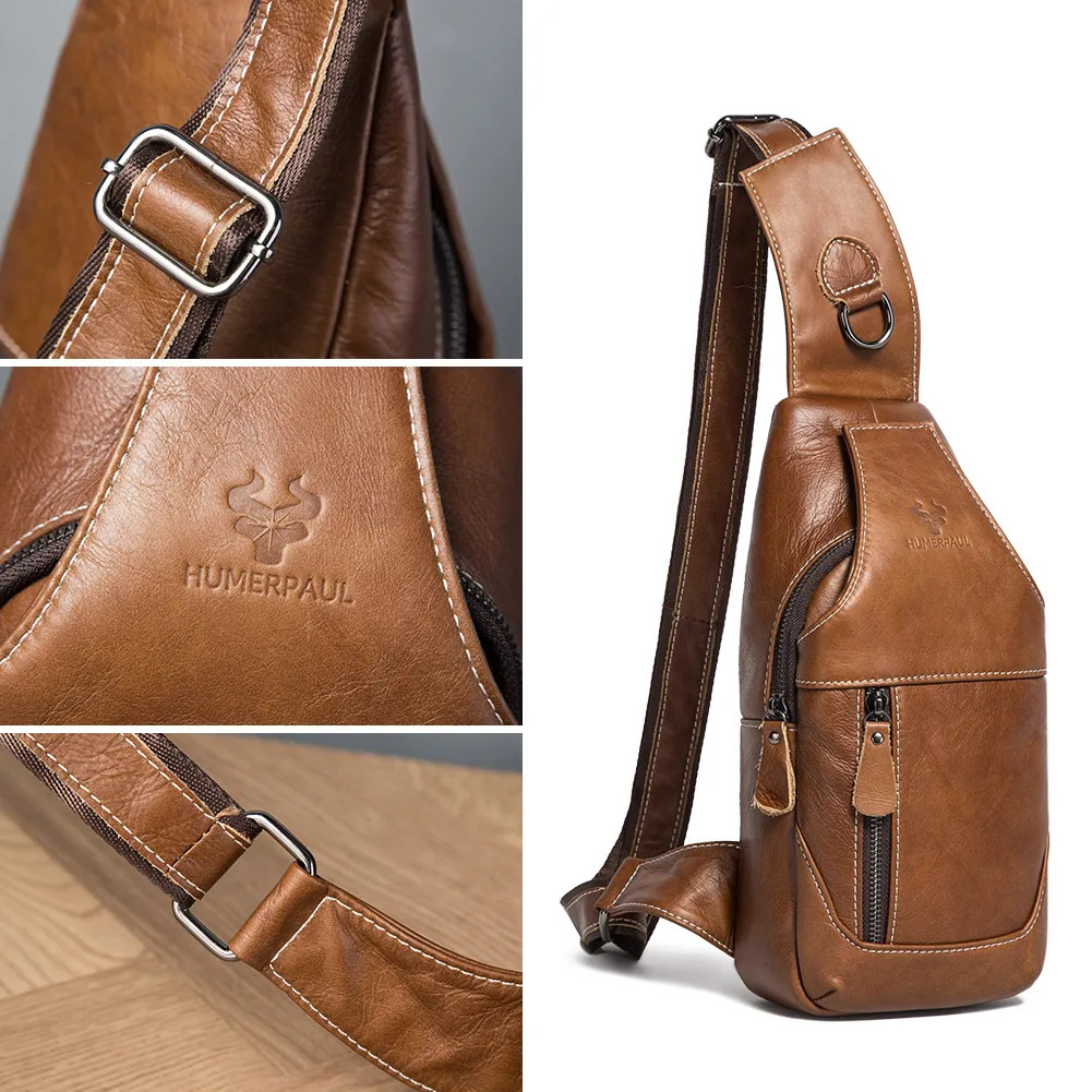 HUMERPAUL 100% Genuine Leather Chest Bag for Men Classic Shouder Messenger Bag with Cell Phone Pocket Outdoor Crossbody Bags 250519