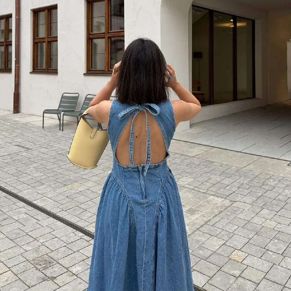 PB ZA back hollow quality simple loose hem denim skirt Aline dress long summer womens clothing 250520