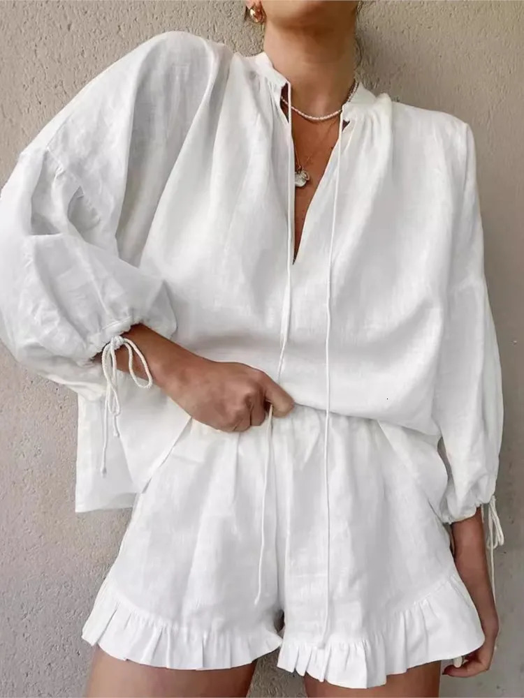 Women Casual Suits Fashion Two Pieces Sets Spring Summer Cotton Linen Loose Long Sleeve Drawstring Blouse Ruffles Shorts Set 250516