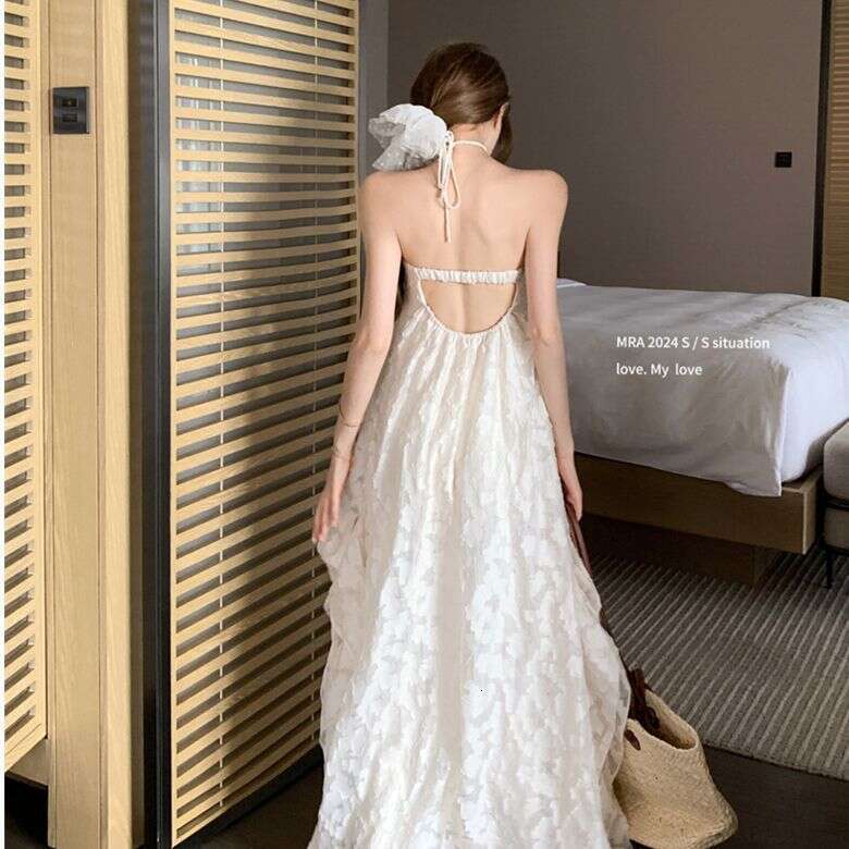 Halter Dress Beach Vacation Style Backless Hanging Neck Dress Beach For Women In Early Spring With Chest Cushion A Line Pure Desire Hollow Out Long Sk