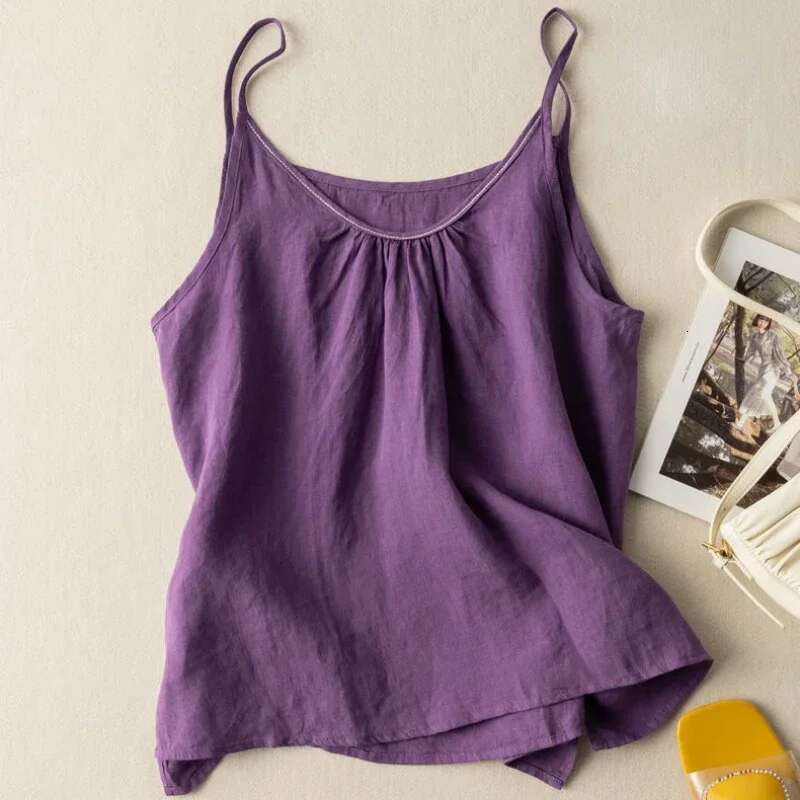 Fashion COTTON Linen Spaghetti Strap Tank Solid Versatile Women Top New Summer 2024 Casual Loose Retro Black Tanks & Camis