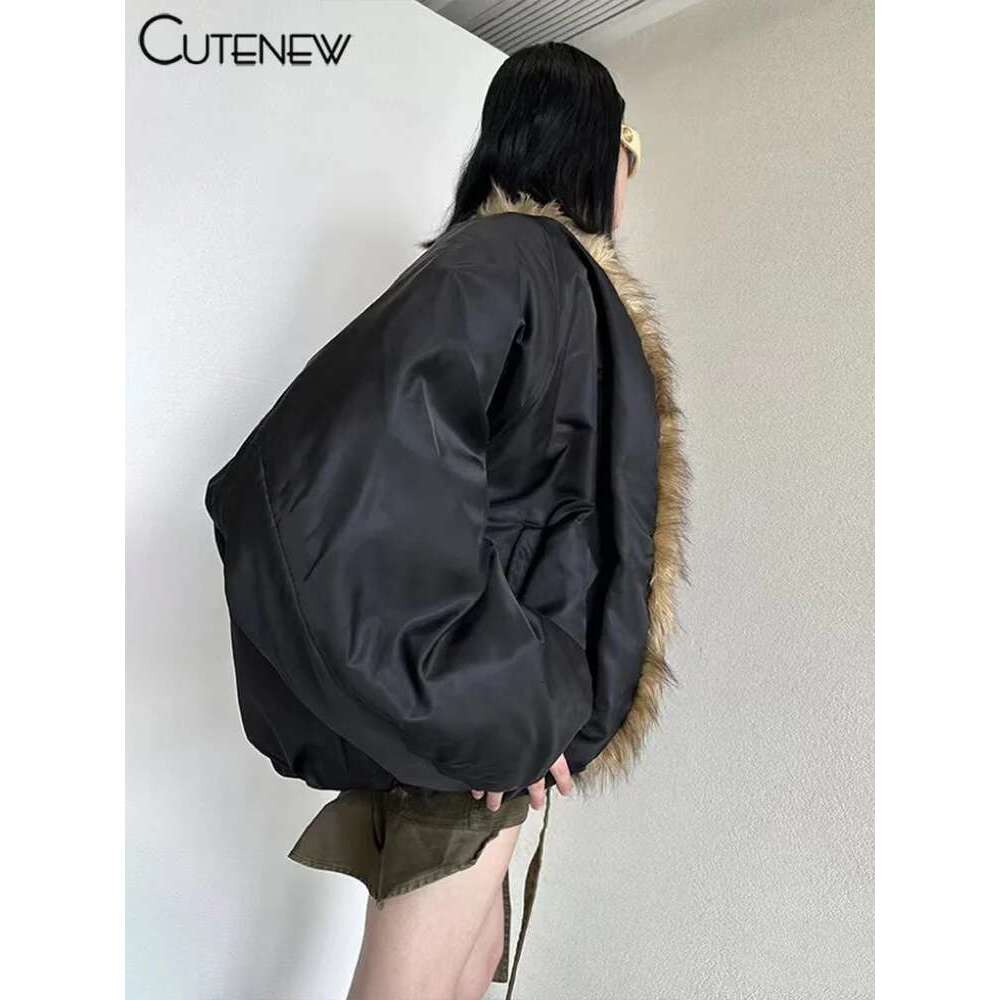 Cutenew Patchwork Long Sleeve Elastic Furry Down Jacket Women's Winter Casual Warm Lady High Street Padded Coats Top Designer