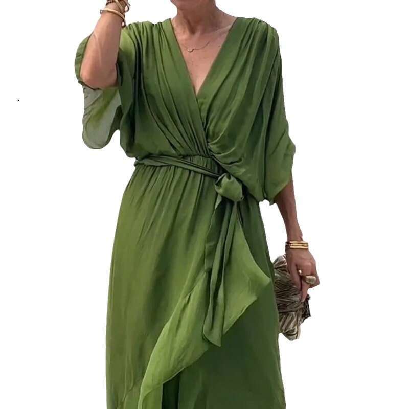 Dress Designer Summer Dresses Partydress June Buttock Womandress 2025 New Womens Solid Color Lace Up Long Skirt with Bat Sleeves Style Dress in Plus S