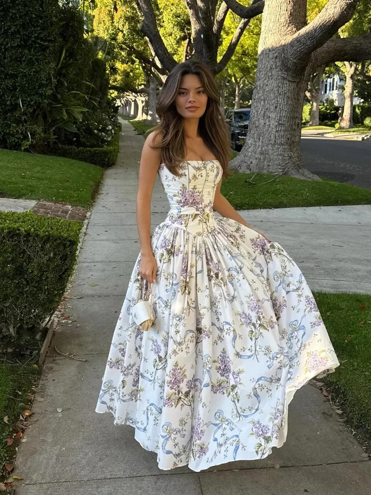 Chic Flower Print Aline Maxi Dress Women Elegant High Waist Strapless Backless Slim Vestidos Lady Summer Vacation Robes 250520