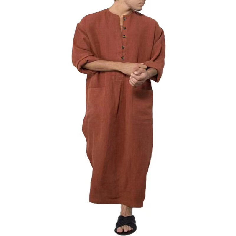 Designer Clothing Hot Selling Muslim Dubai New Men's Loose Stand Collar Portal Long Sleeve Ethnic Style Robe 2025 New Model